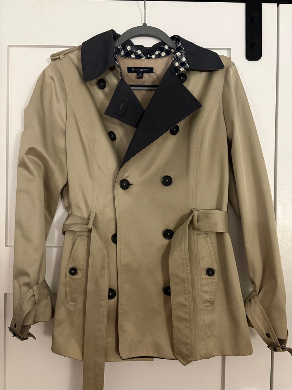 Brooks Brothers Beige Trench Coat with Black Contrast Collar